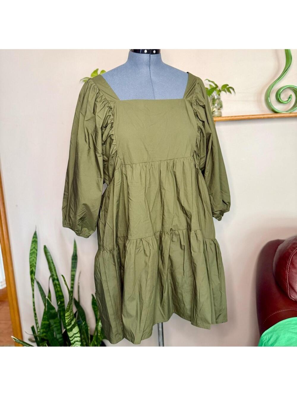 a new day Tie Back Olive Green Dress with Puff Sleeves Womenās Size XXL NWT